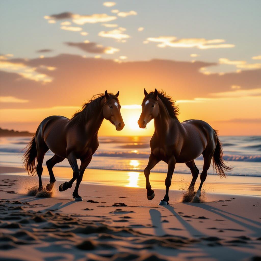 Horses Galloping on Beach at Sunset, Cinematic Film Still