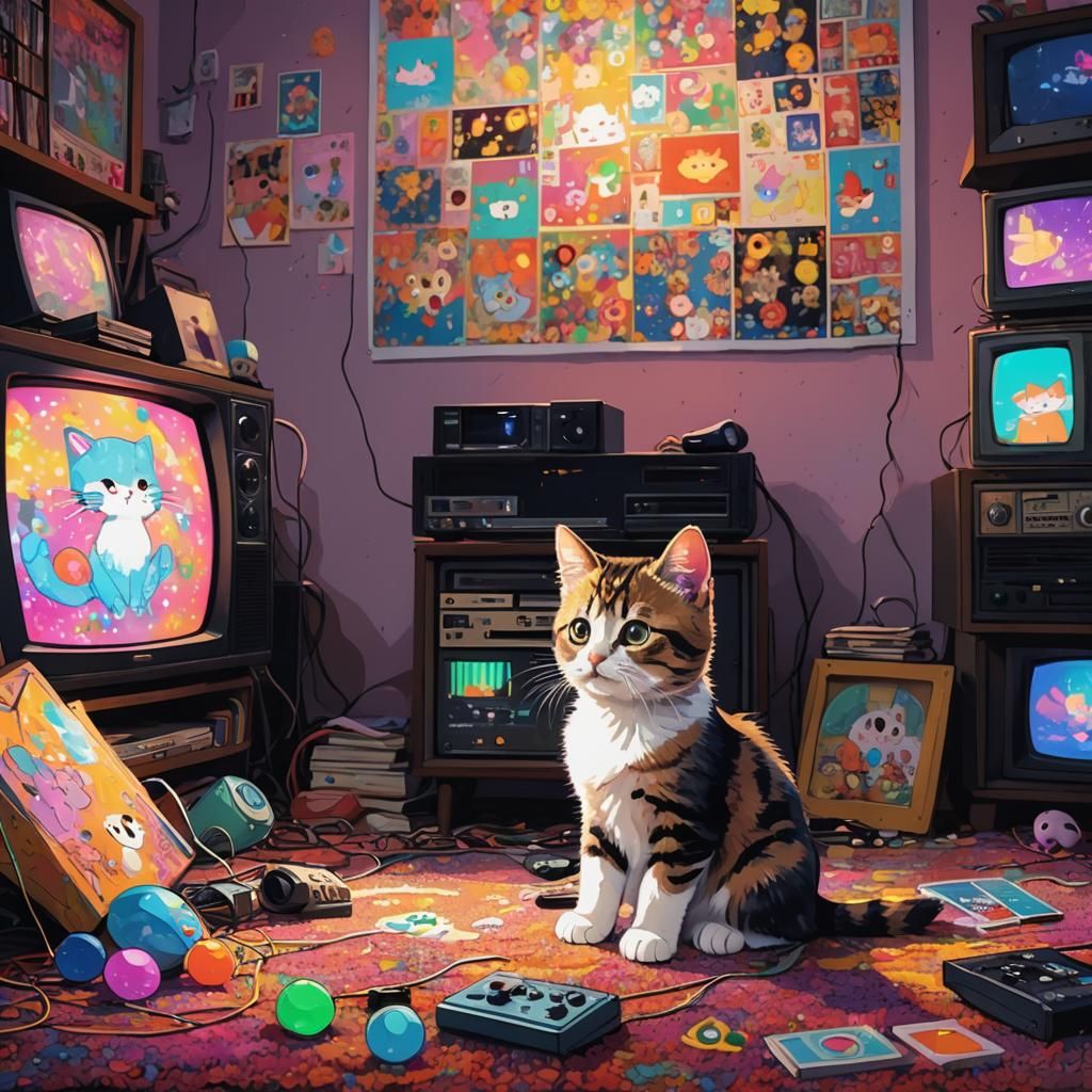 Kitten Watching Anime, Vibrant Digital Art