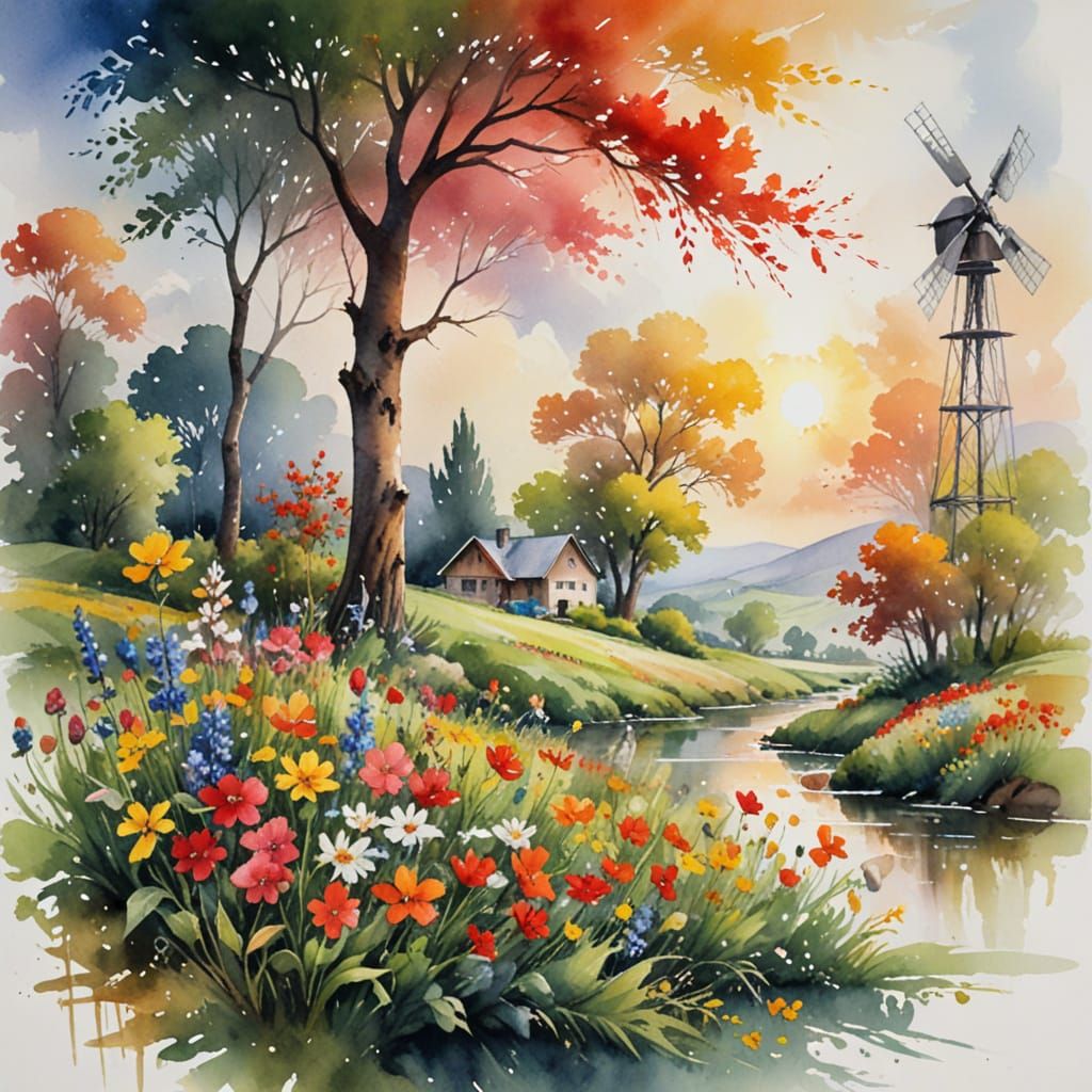 Windmills in Watercolor: Serene Countryside Scene