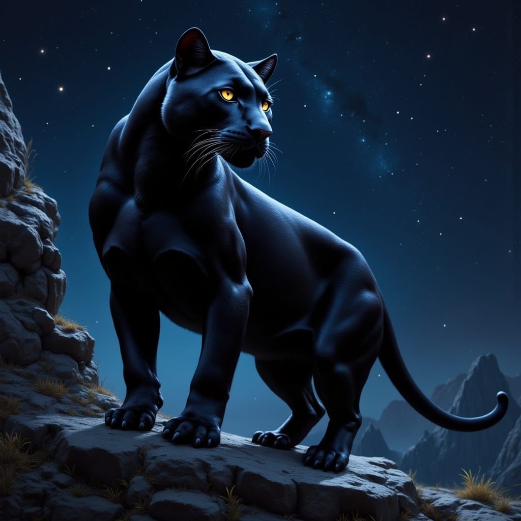 Ethereal Black Panther Under Starry Night Sky in a Vibrant C...