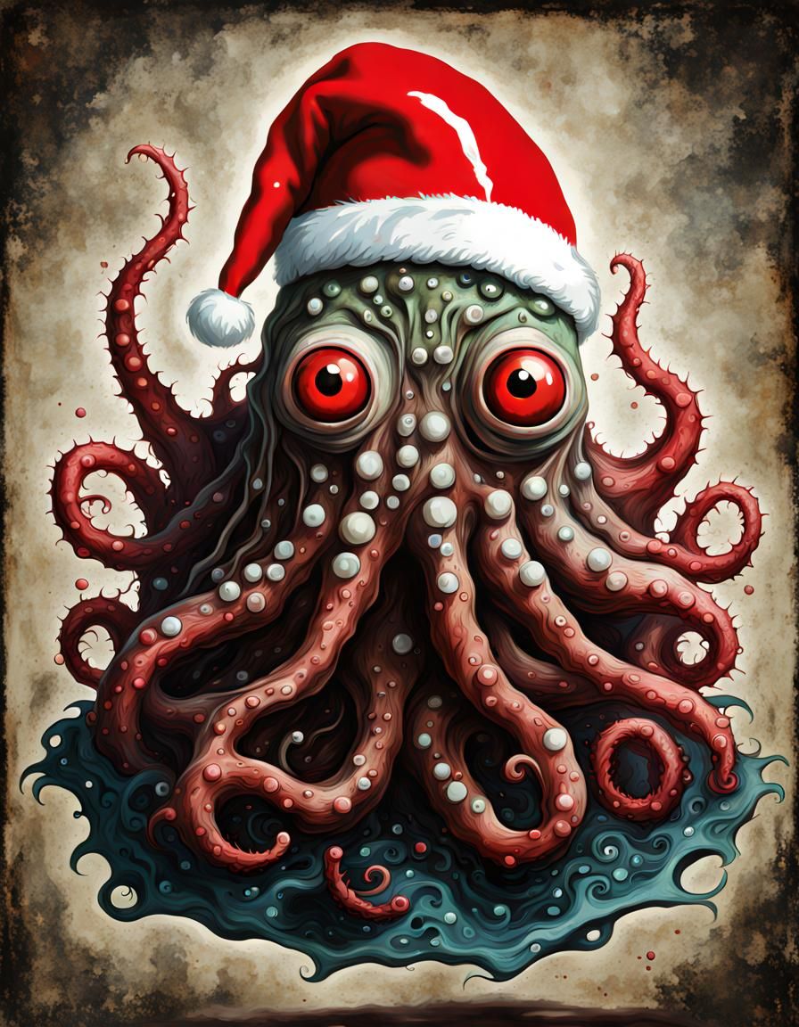 Jackson pollock lovecraftian shoggoth wearing small red sant...