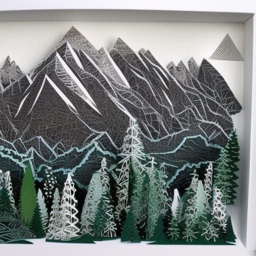 Intricate Kirigami Shadowbox of Snowy Mountains