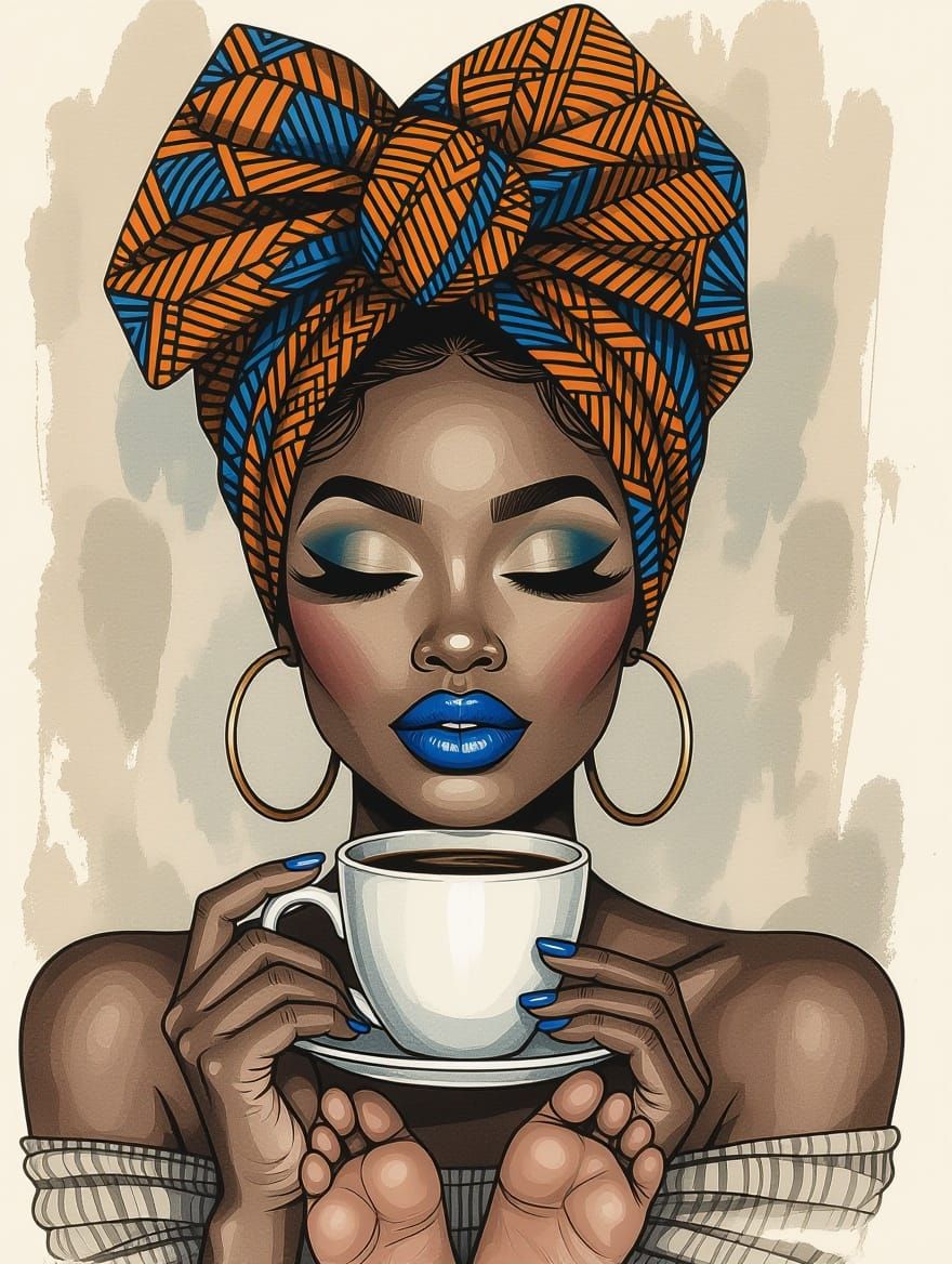 Stylized Portrait of Woman with Headwrap, Mixed Media Art