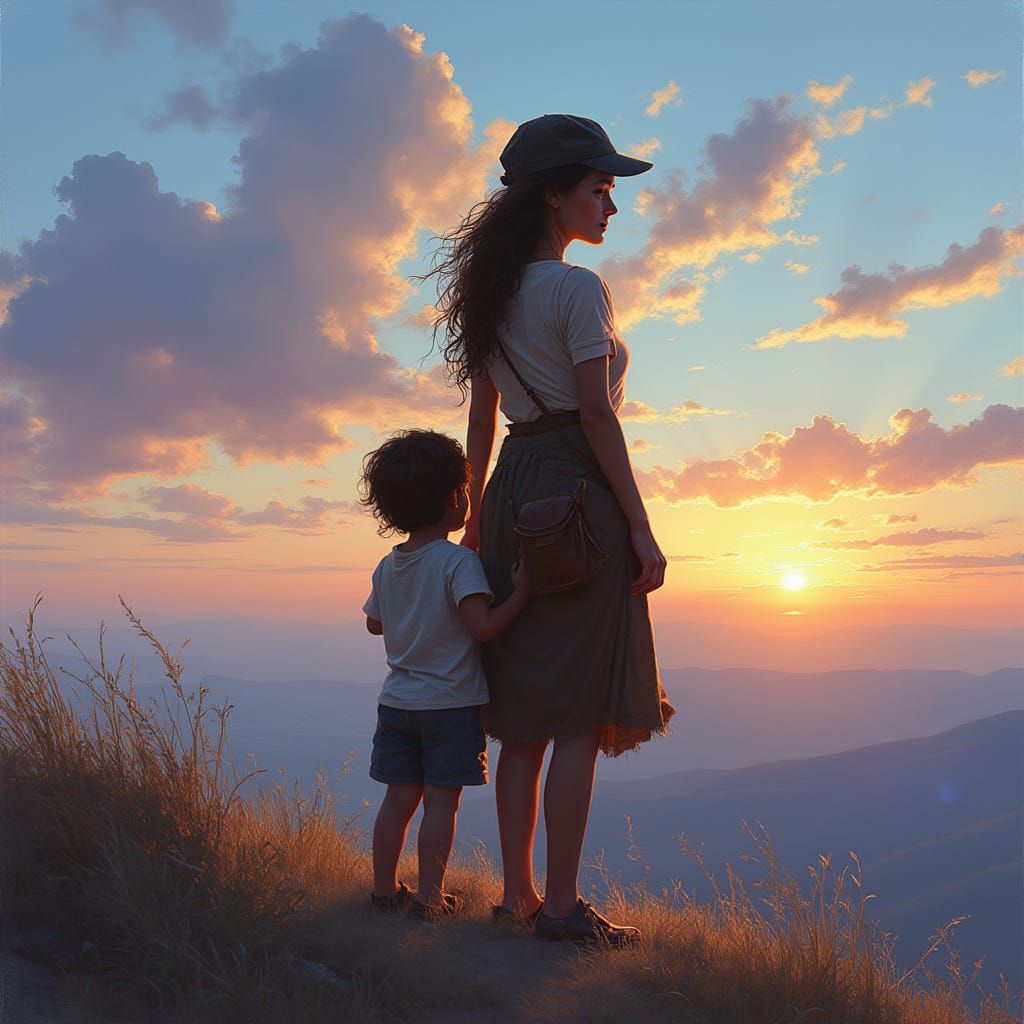 Mother and Child Gaze at Hopeful Horizon