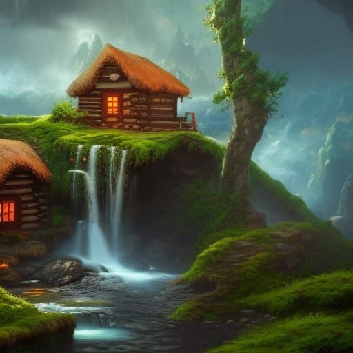 Cabin by Waterfall: Detailed Fantasy Concept Art
