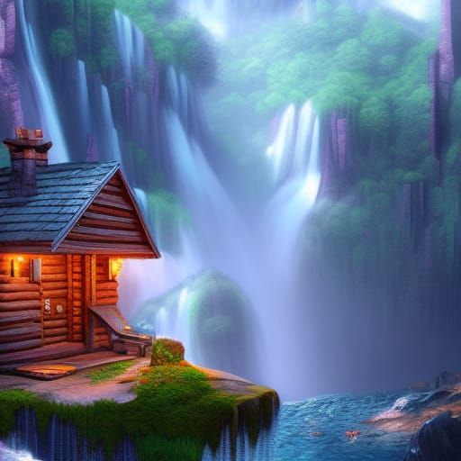 Cabin by Waterfall: Detailed Fantasy Concept Art