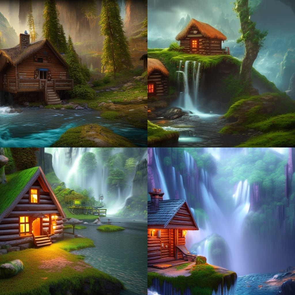 Cabin in Waterfall: Detailed Fantasy Concept Art