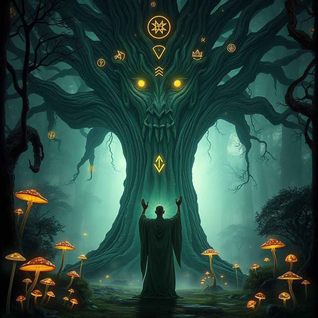 Mystical Tree with Mage in Glowing Forest