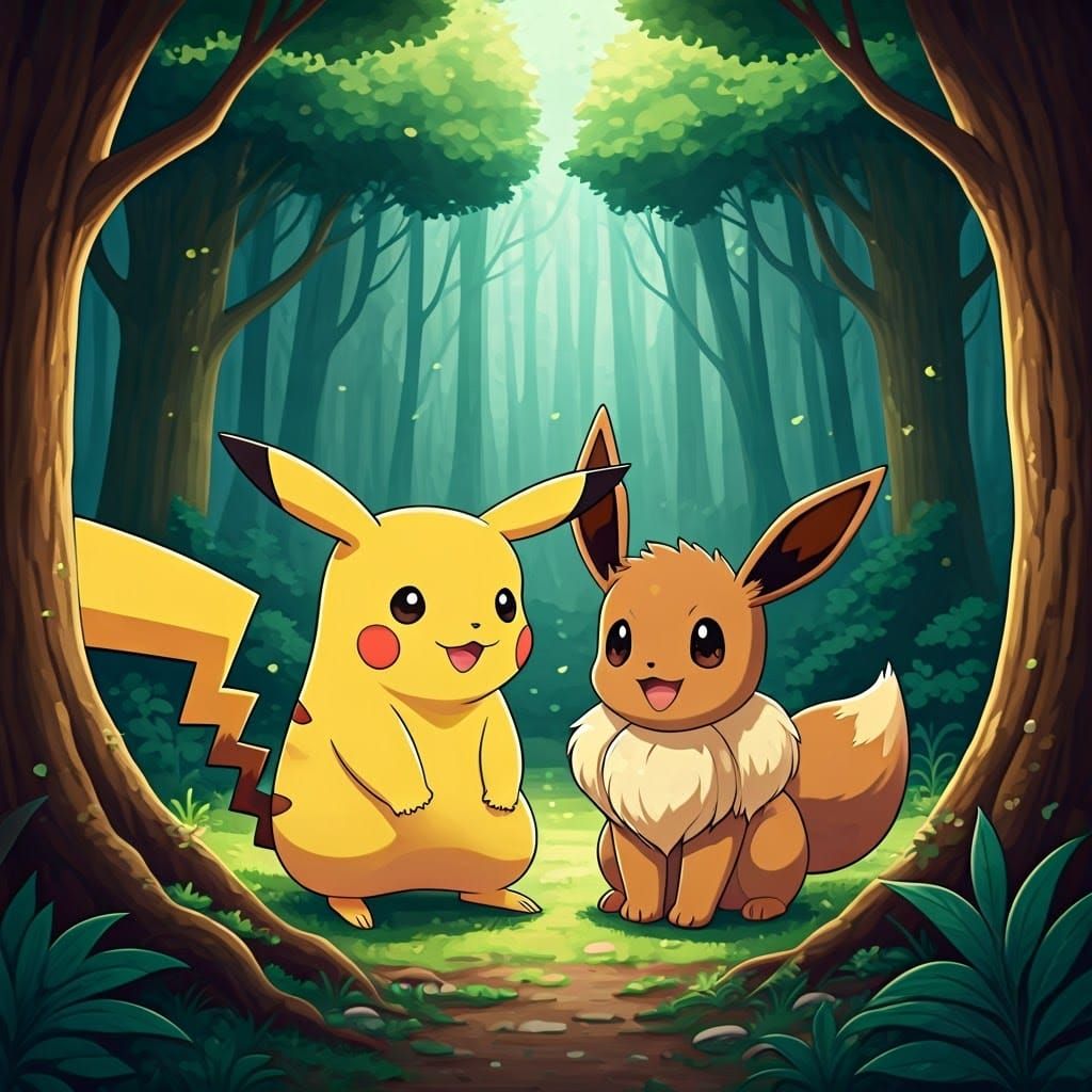 Pikachu and Eevee Play in Forest: Anime Style