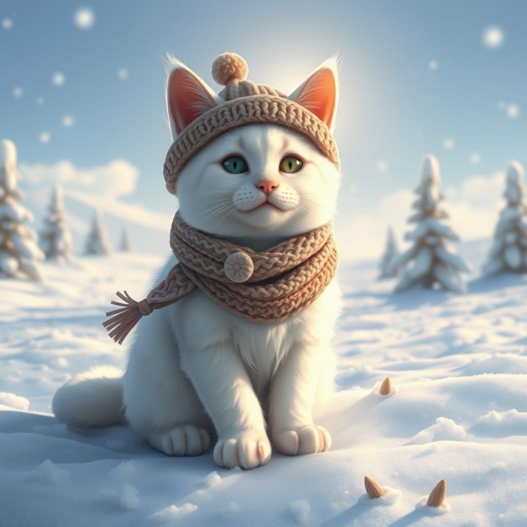 Whimsical White Cat Wears Knitted Hat and Scarf in Winter Wo...