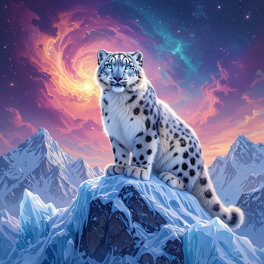 Snow Leopard on Crystalline Peak Under Nebula Sky