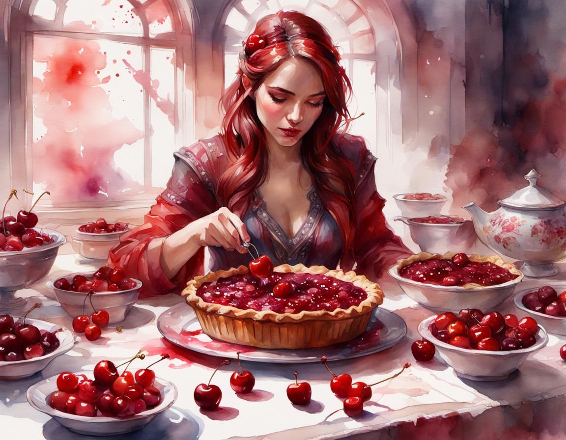 Cherry Pie Dessert in Watercolor Warcraft Style