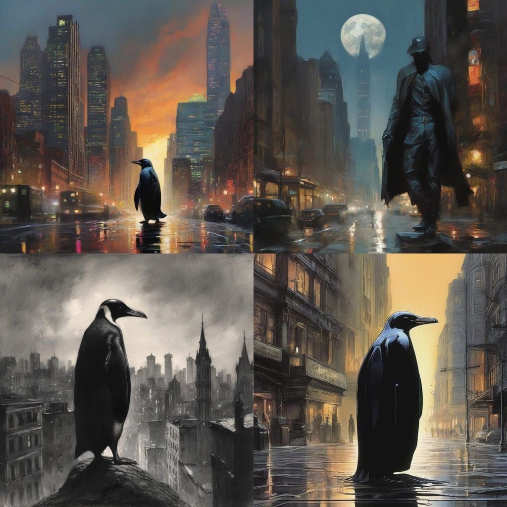 Surreal Cityscape Penguin in Oil Painting Style