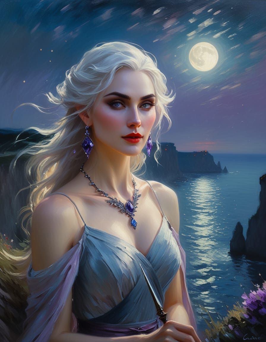Elf Sorceress on Cliff Edge at Night in Impressionist Style