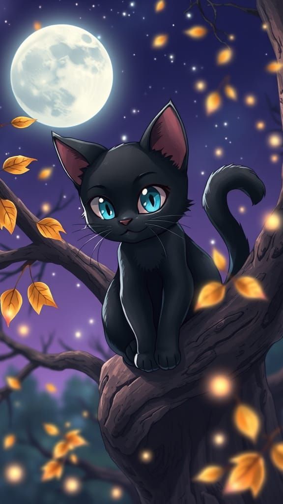 Stylized Anime Cat Under Starry Moonlit Sky