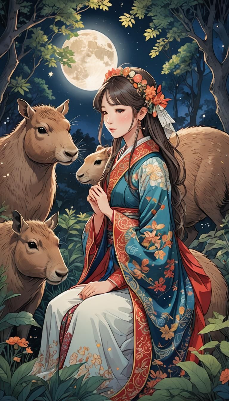 Anime Tradwife with Capybara in Fantasy Forest
