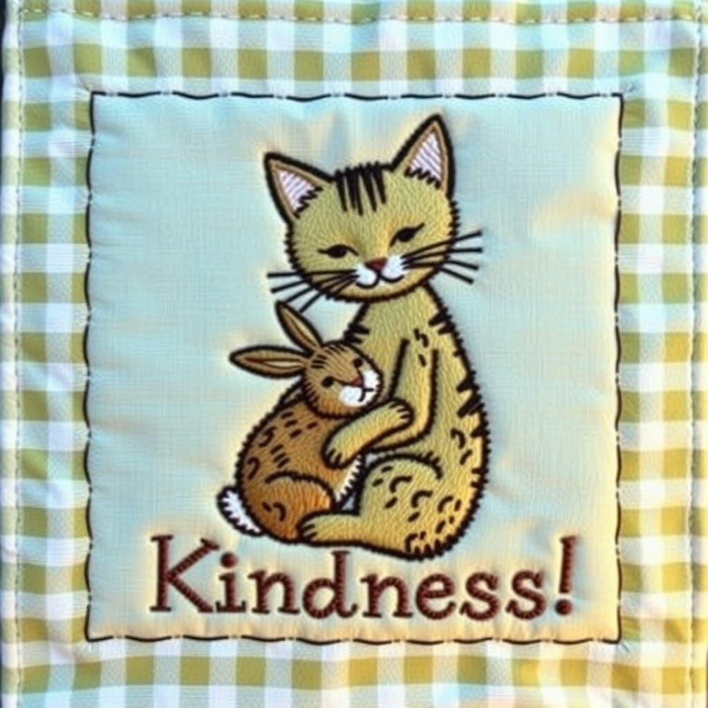 Embroidered Quilt Square: Cat and Rabbit with "Kindness!"