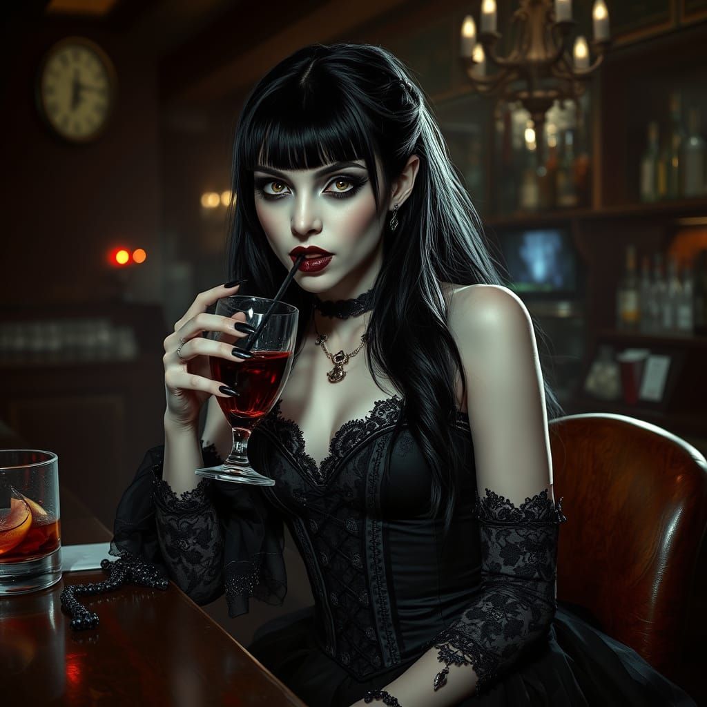 Gothic Vampire Woman Sips Blood in a Dark Bar