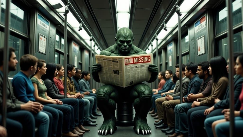 Monster Reads Newspaper in Subway Car, Surreal Art