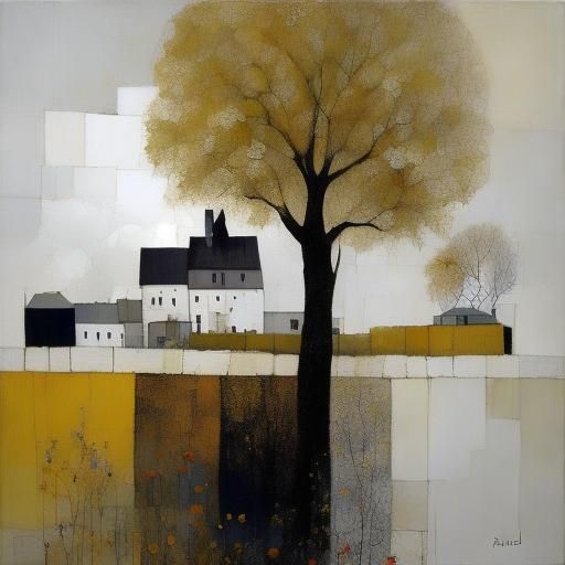 House with Tree and Windmill in Splatter Art