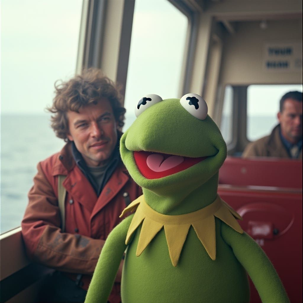 Kermit the Frog on board the Greenpeace ship Rainbow Warrior, 1978, saving the whales. Medium shot with "Rainbow Warrior...