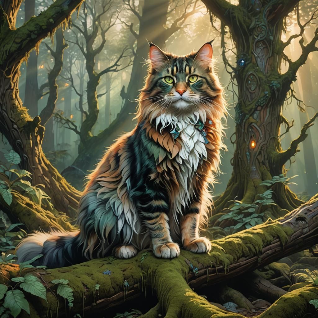 Norwegian Forest Cat in Art Nouveau Style