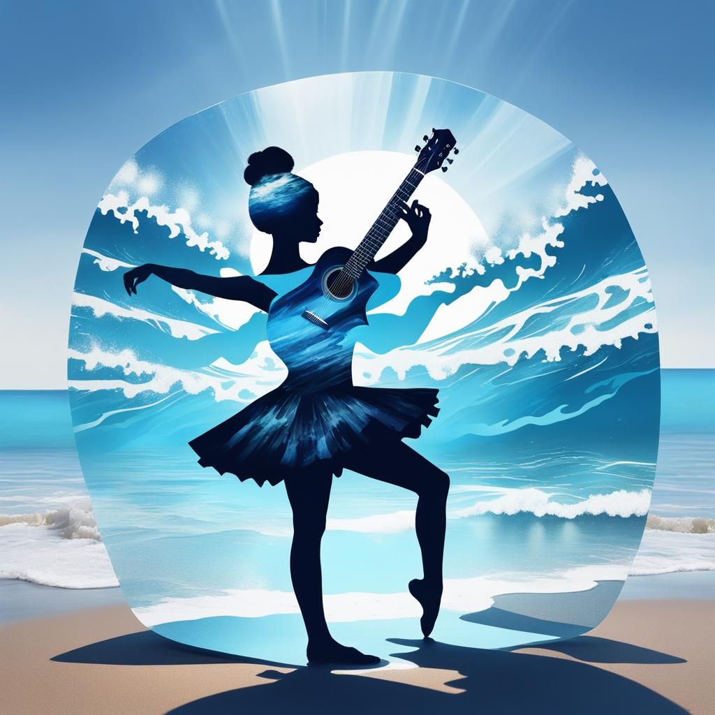 Ballerina Guitar Silhouette in Double Exposure Art