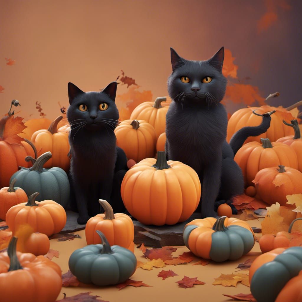 Pixar-Style Fall Scene with Pumpkins and Black Cats