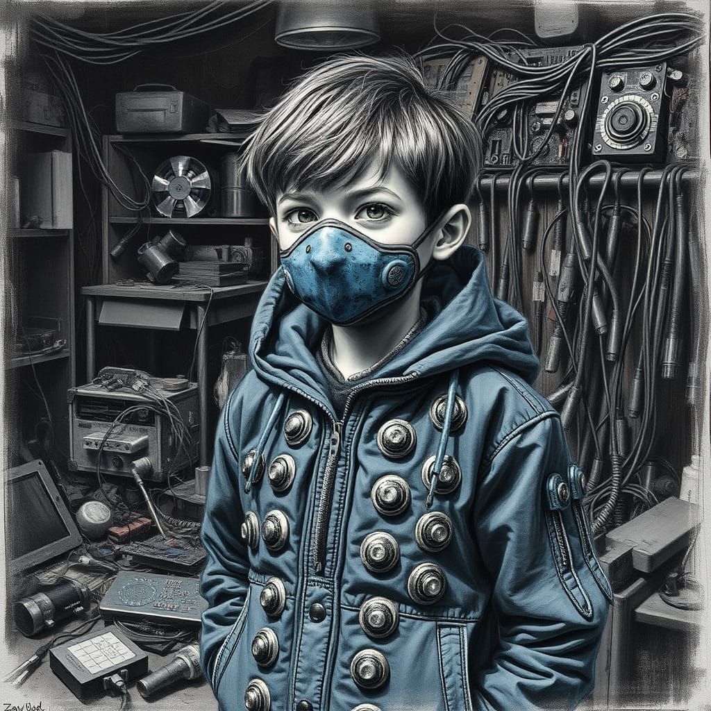 Future Boy in Messy Shed, Charcoal Drawing