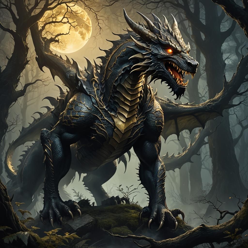 Dragon-Werewolf Hybrid in Misty Forest: Digital Art