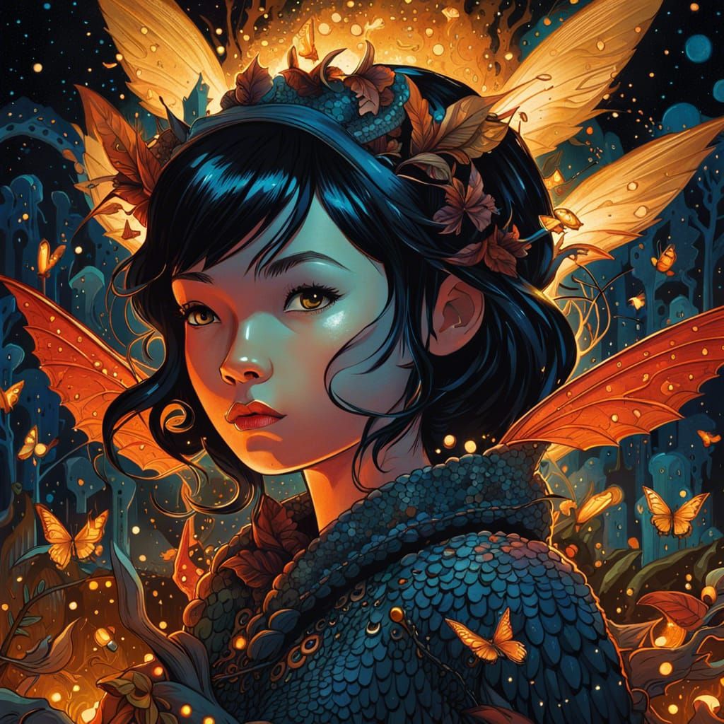 Dragon-Winged Girl in Dark Night: Digital Art