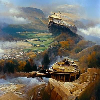 World War II Tank City on Mountain, Oil Painting