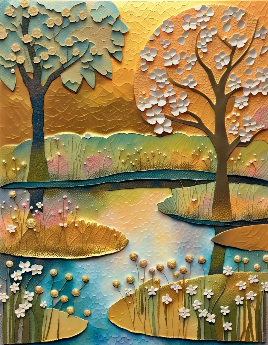 Delicate Spring Garden Landscape at Dawn in Mixed Media Styl...