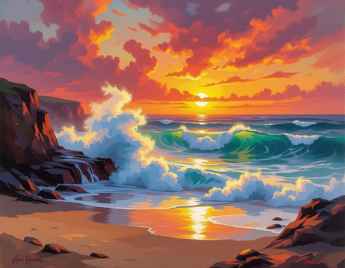 Dramatic Sunset Beach with Crashing Waves