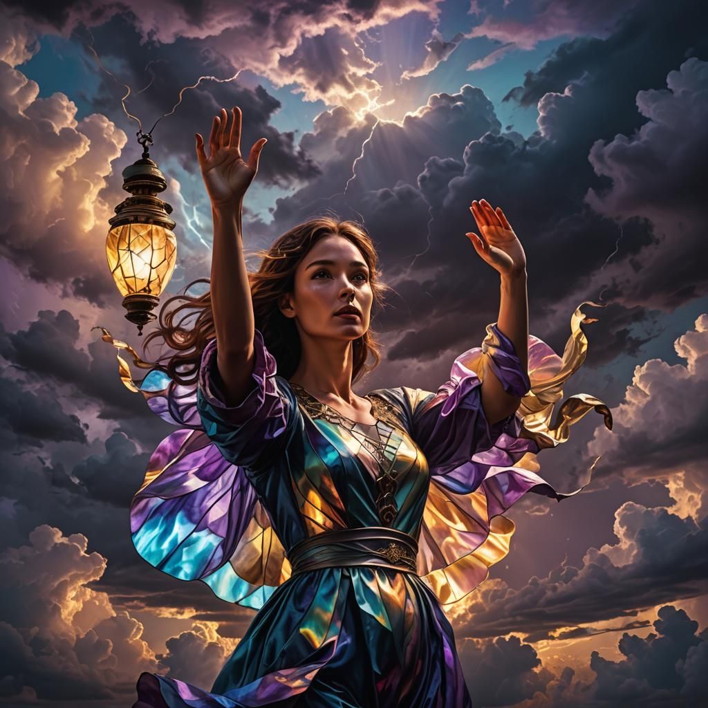 Girl with Tiffany Skin in Dramatic Sky, Digital Art