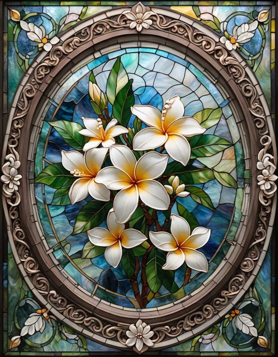 Vibrant Frangipani in Stained Glass Art