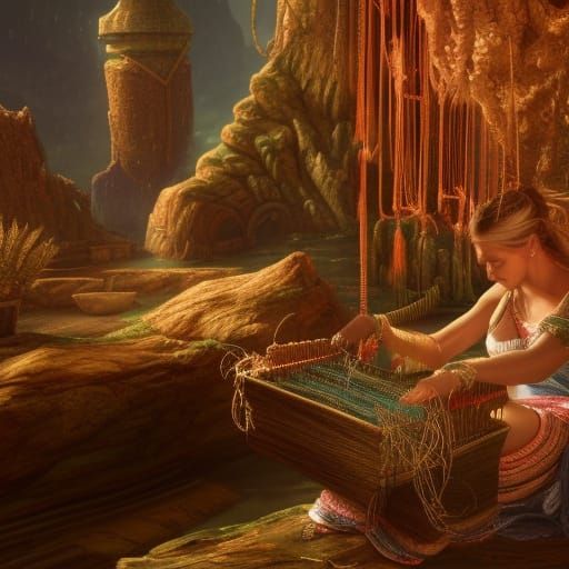 Woman Weaving at Loom: Fantasy Concept Art