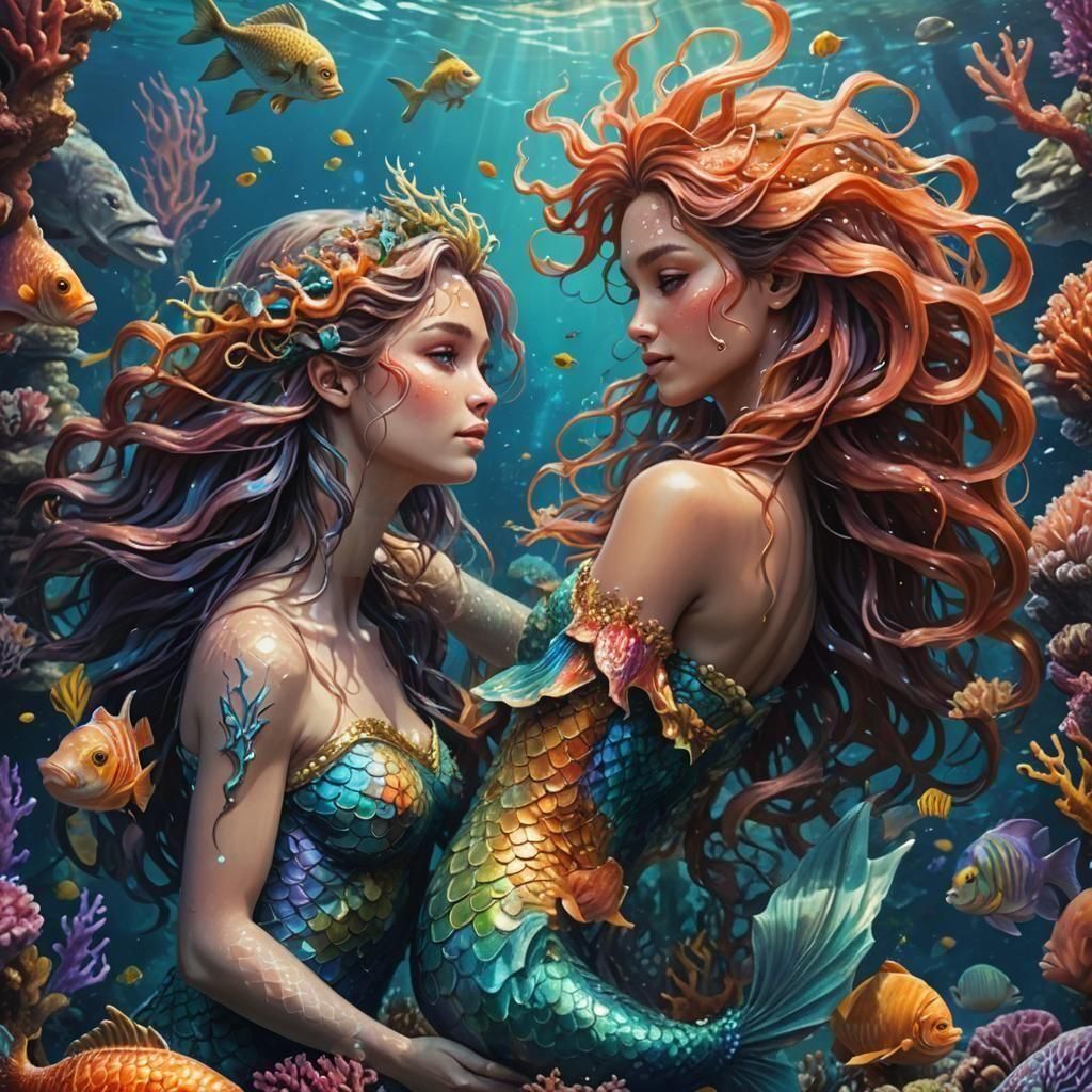 Mermaids Embrace in Hyperrealistic Underwater Concept Art