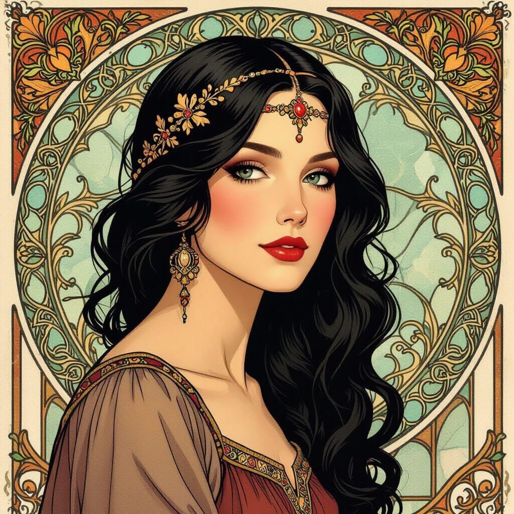 Dancer in Red Hood Under Sun Rays in Art Nouveau Style