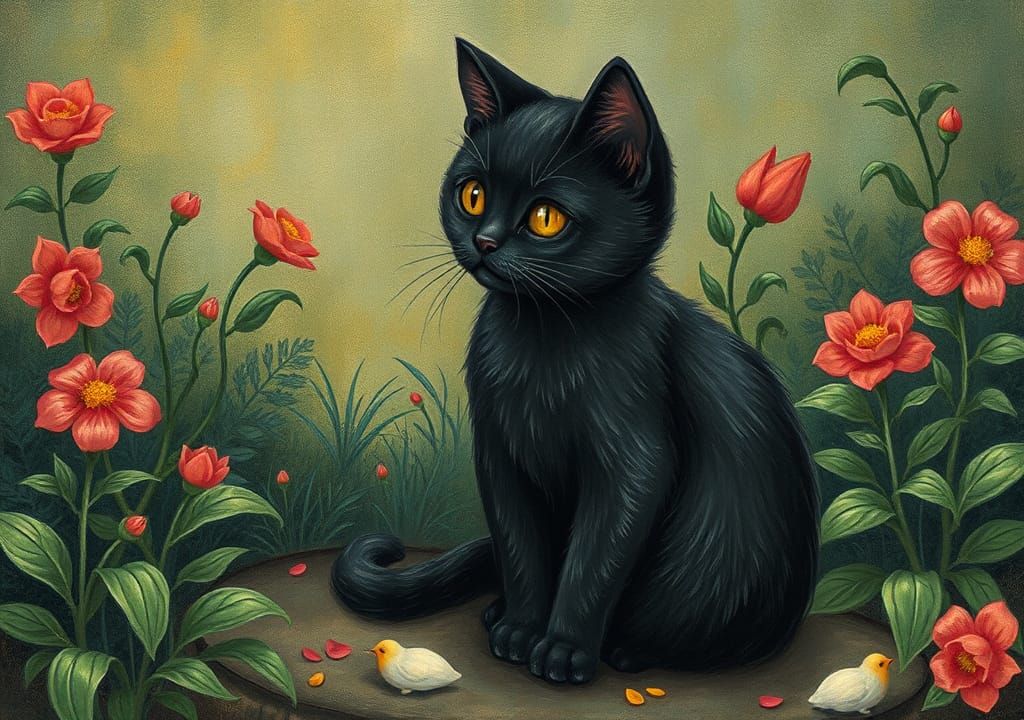 black chibi Cat sitting in a garden in the style of klimt gu...