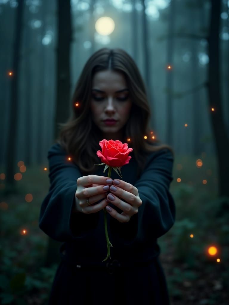 Mysterious Rose in Moonlit Forest: Dark Romanticism