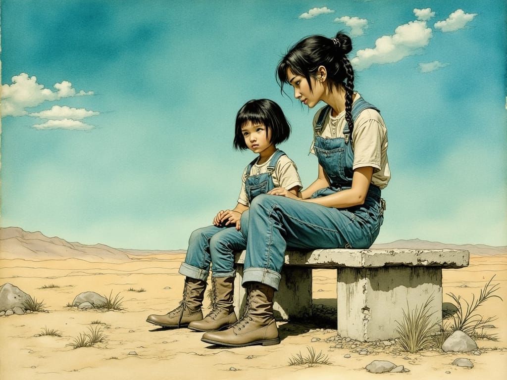 Filipino Mother and Daughter Contemplate Desert Planet Lands...