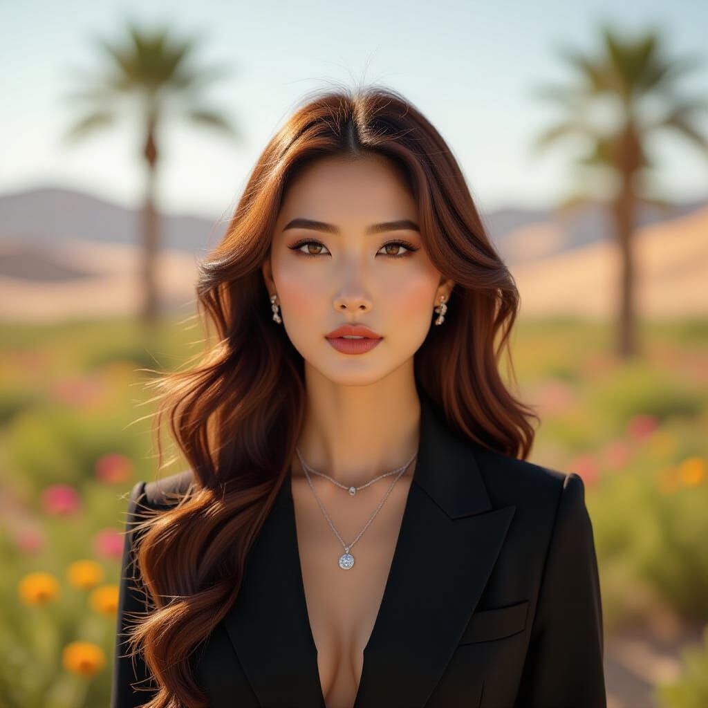Contemplative Woman in Desert Oasis, Hyperrealistic Portrait