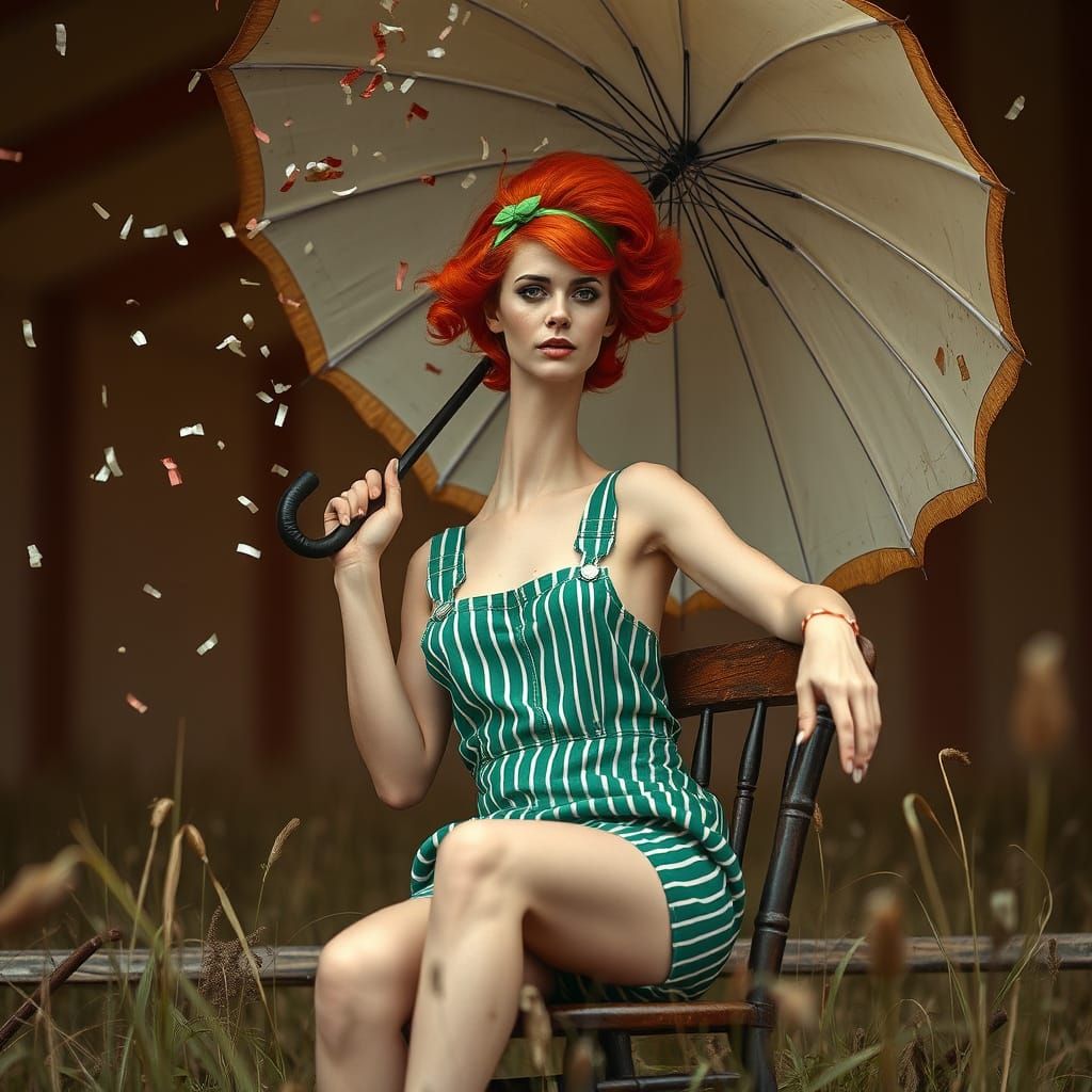 Vintage Pin-Up Girl with Extraordinary Neck and Umbrella