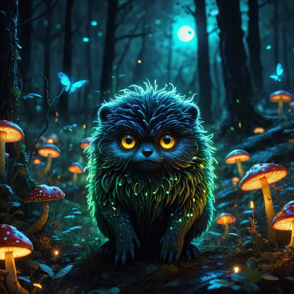 Adorable Forest Creature with Glowing Fireflies