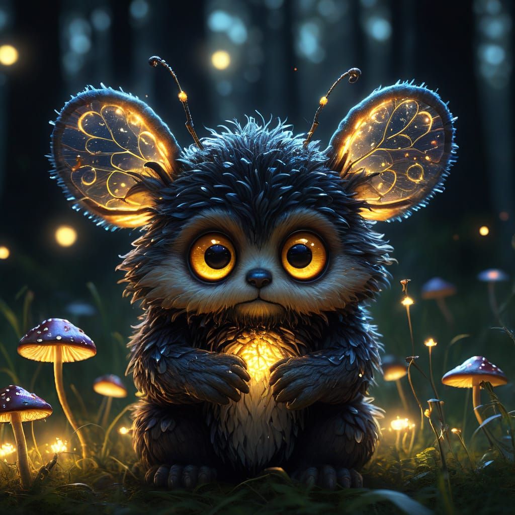 Adorable Forest Creature with Fireflies in Digital Art