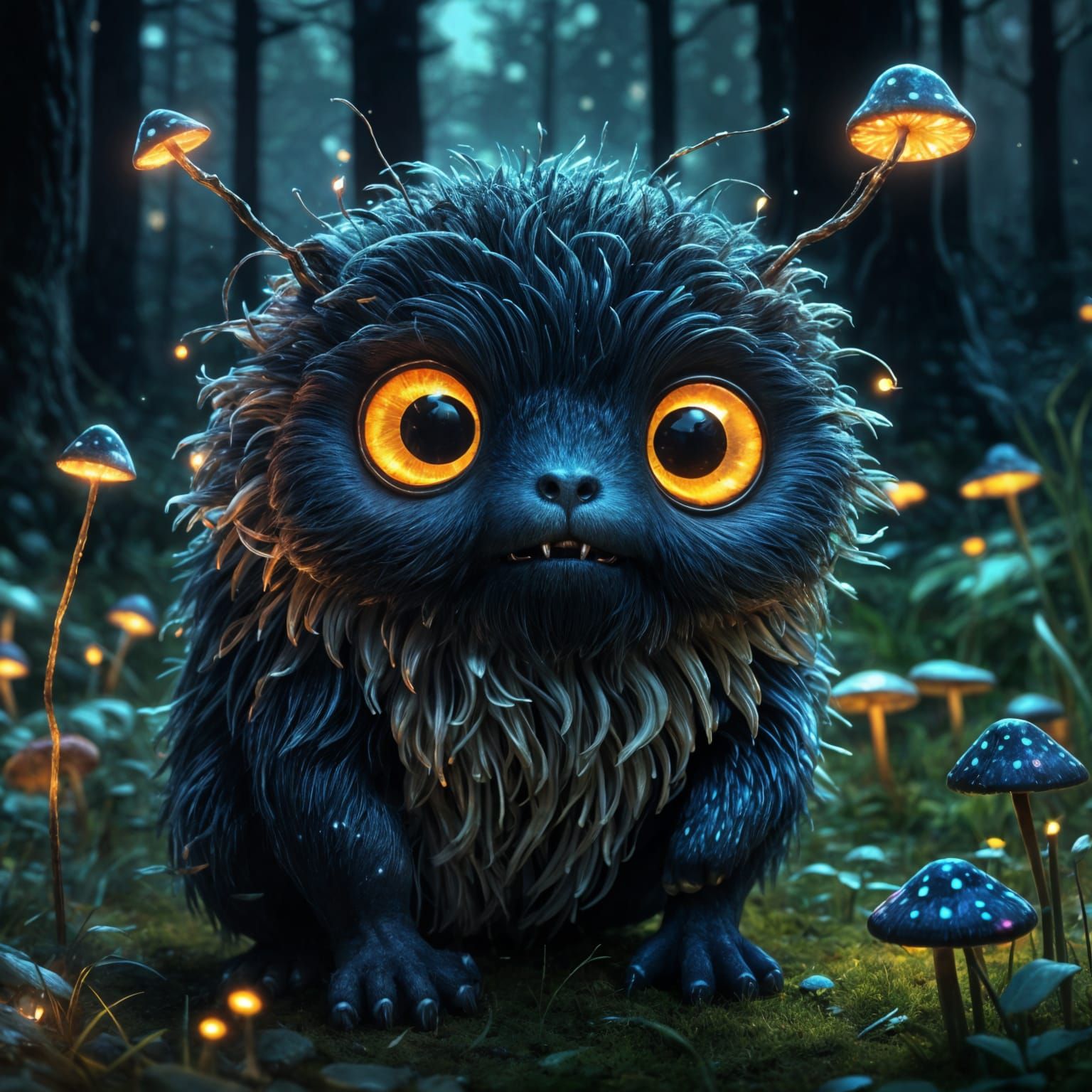 Whimsical Forest Sprite Basks in Glowing Nighttime Scene