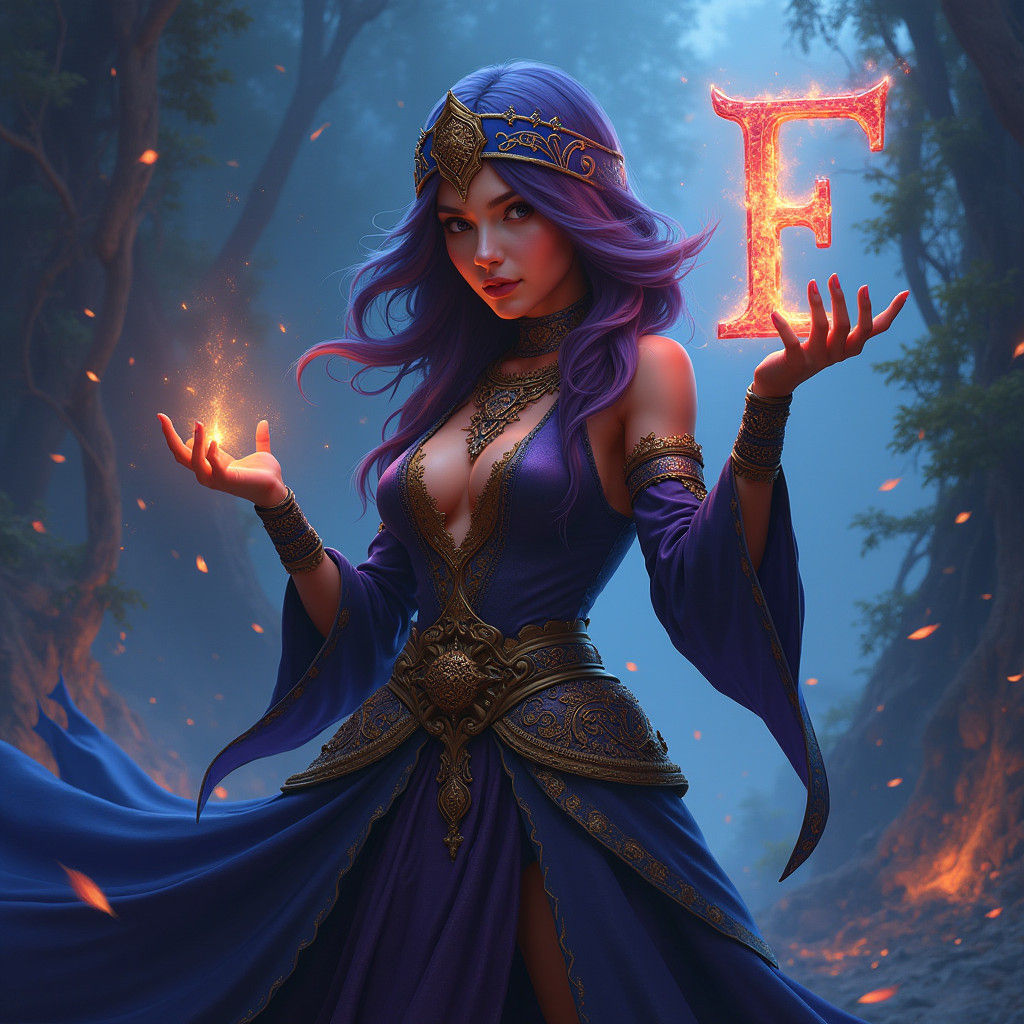 Mystical Figure Reveals Glowing Letter in Fantasy Landscape