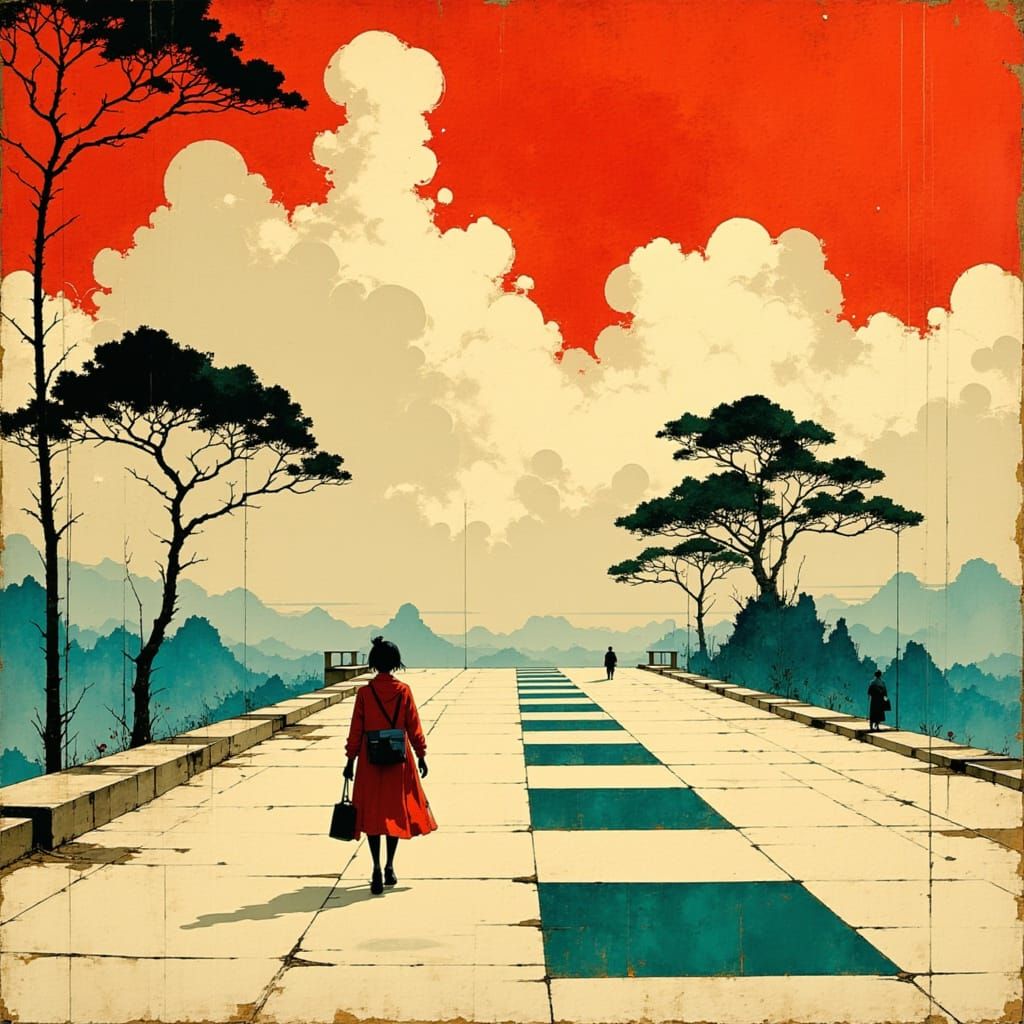 Vibrant Checkerboard Cityscape with People and Red Smoke