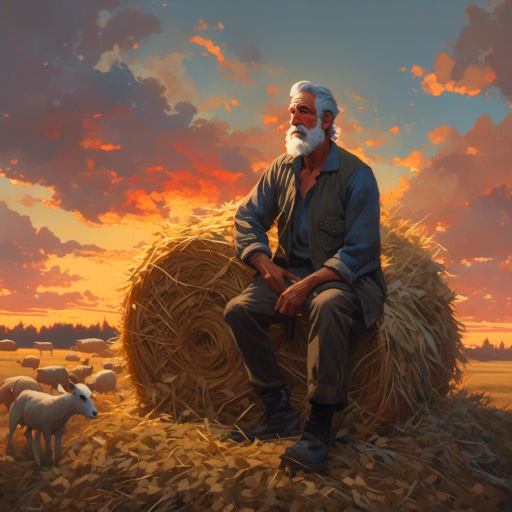 Tired Farmer at Sunset: Detailed Oil Painting